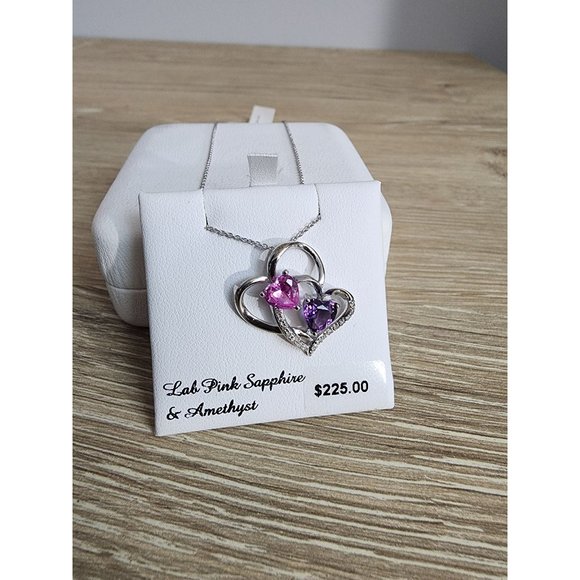 Amethyst, Lab Created Pink Sapphire & Diamond Accent Double Heart Pendant NIB - Picture 5 of 6